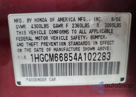 2004 Honda Accord Ex из США, поврежденный, VIN 1HGCM66854A102283